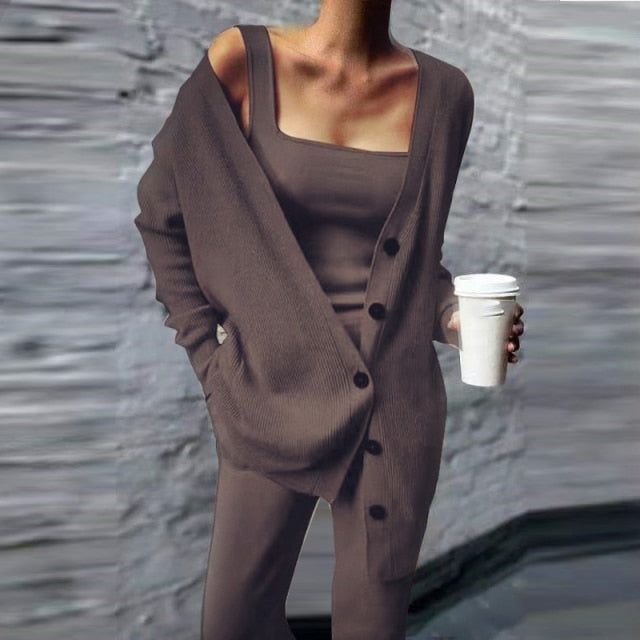 Women's Three Piece Set Winter Knitted Solid Cardigan