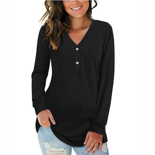 Solid Basic Button V-Neck Long Sleeve Blouse for Women