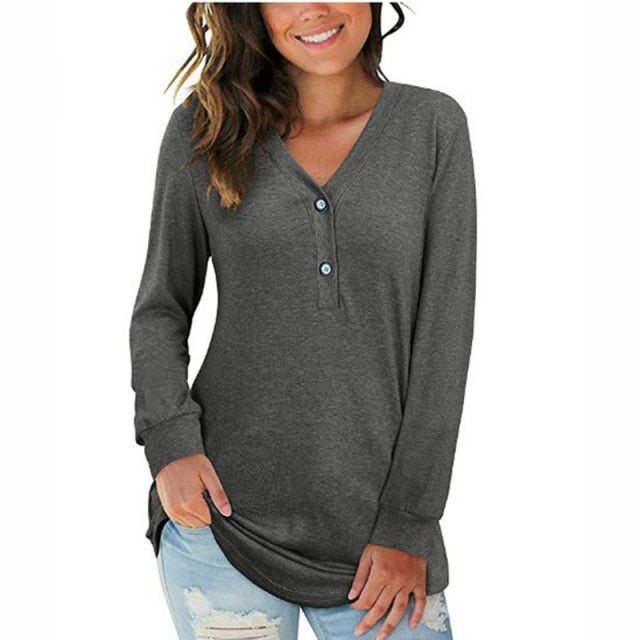 Solid Basic Button V-Neck Long Sleeve Blouse for Women