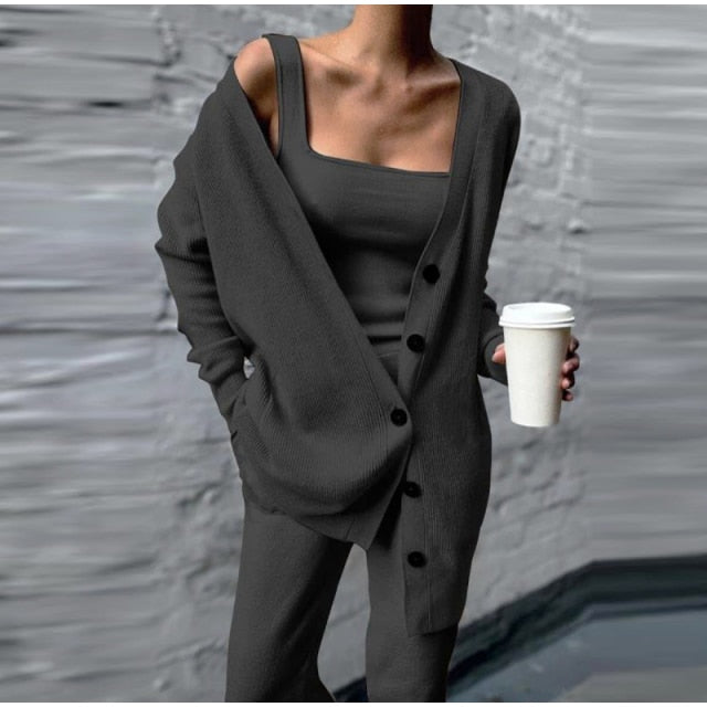 Women's Three Piece Set Winter Knitted Solid Cardigan