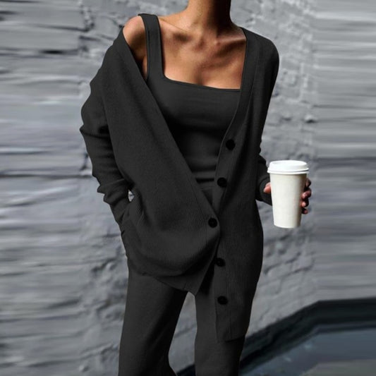 Women's Three Piece Set Winter Knitted Solid Cardigan