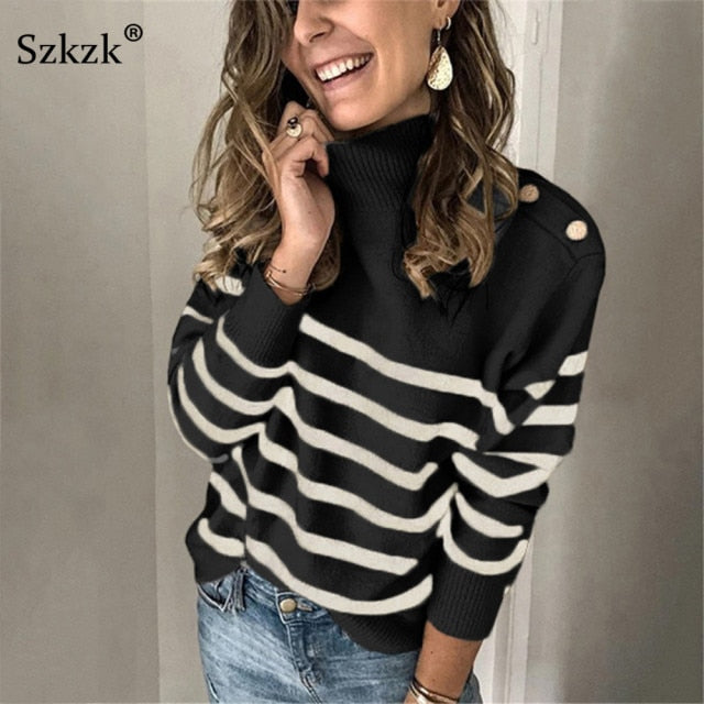 Szkzk - Striped Knit Sweater Button Women's Pullover