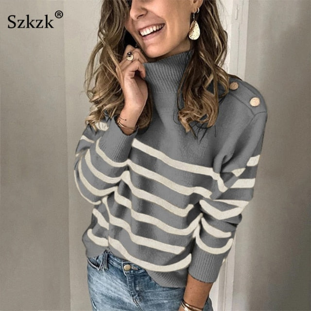 Szkzk - Striped Knit Sweater Button Women's Pullover