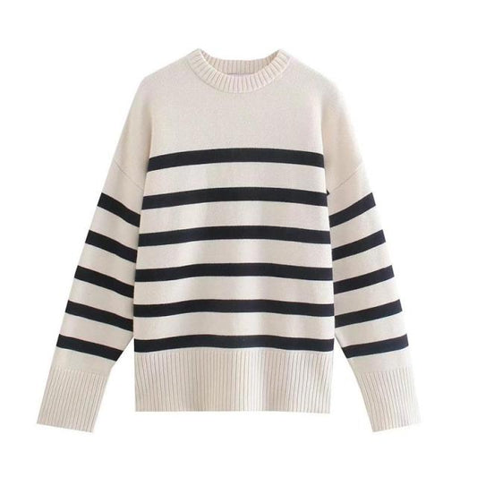 Za Sweater Fall Fashion Striped O-Neck 100% Cotton Women's Sweater