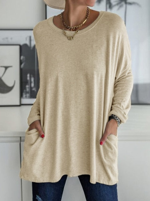 Oversized Solid Color Vintage Tunic Blouse - Basic Women's Top
