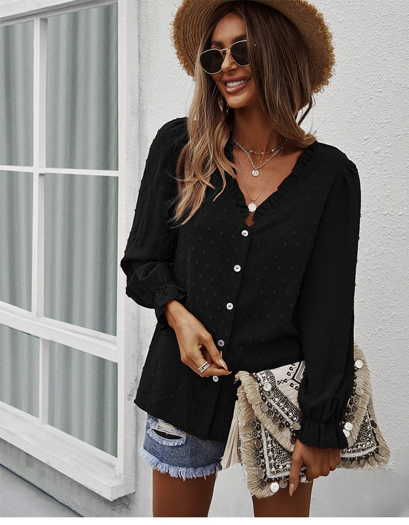Fashionable Chic A Line V Neck Solid Color Blouse
