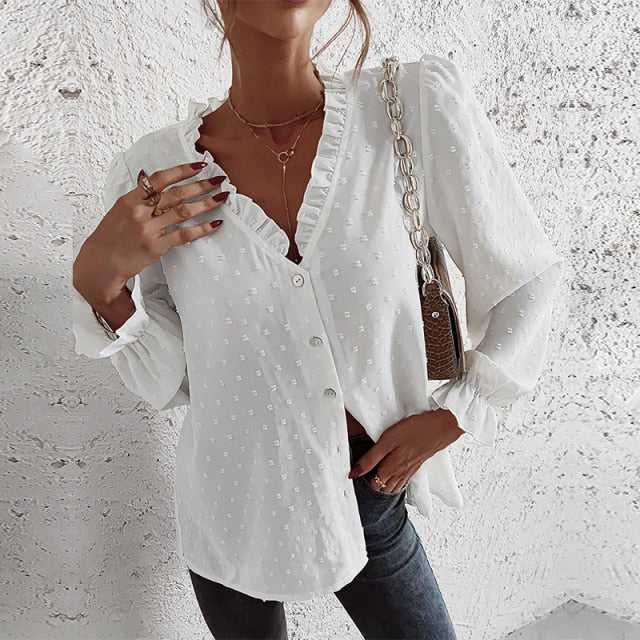 Fashionable Chic A Line V Neck Solid Color Blouse