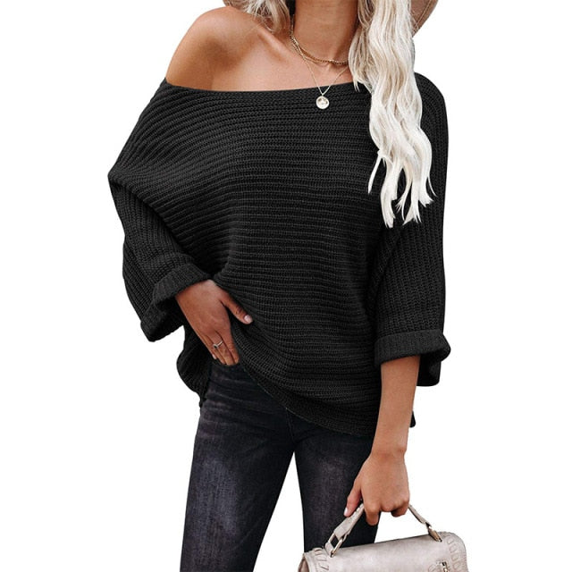 Solid Batwing Sleeve Vintage Sweater - Knitted Slashed Neckline (various colors)