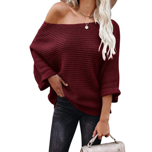 Solid Batwing Sleeve Vintage Sweater - Knitted Slashed Neckline (various colors)