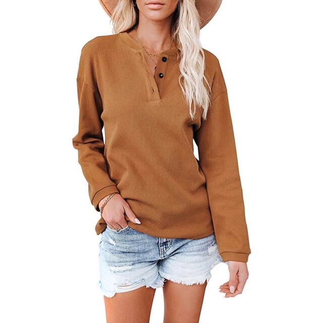 Fashion V Neck Solid Colors Blouse for Women (Button) Long Sleeve