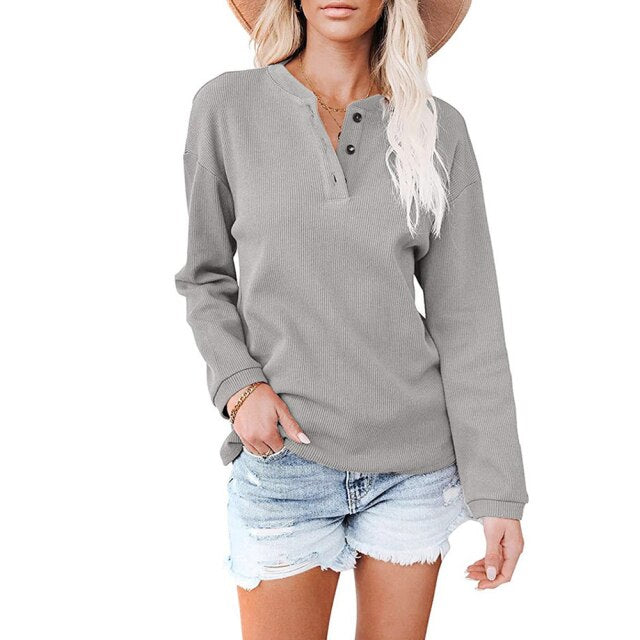 Fashion V Neck Solid Colors Blouse for Women (Button) Long Sleeve