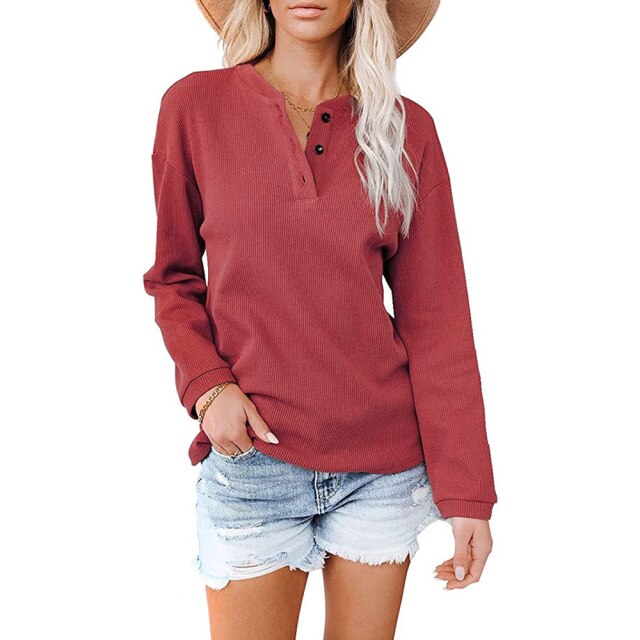 Fashion V Neck Solid Colors Blouse for Women (Button) Long Sleeve