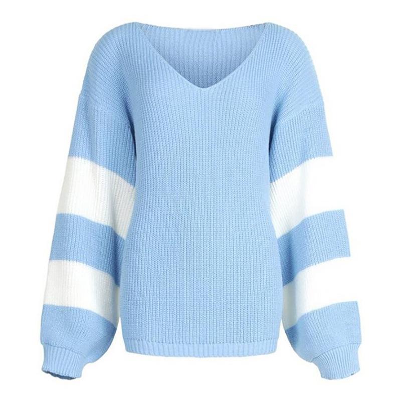 V-Neck Long Sleeve Knitted Sweater (blue)