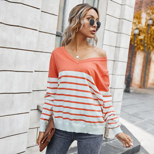 V-neck Hit Color Stiped Pullover Sweater