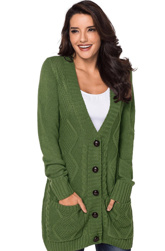 Green Front Pocket and Buttons Closure Cardigan