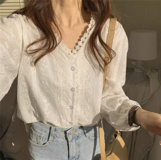 Women's V-Neck Lace Crochet Flowy Bell Sleeve Button Down Casual Blouse