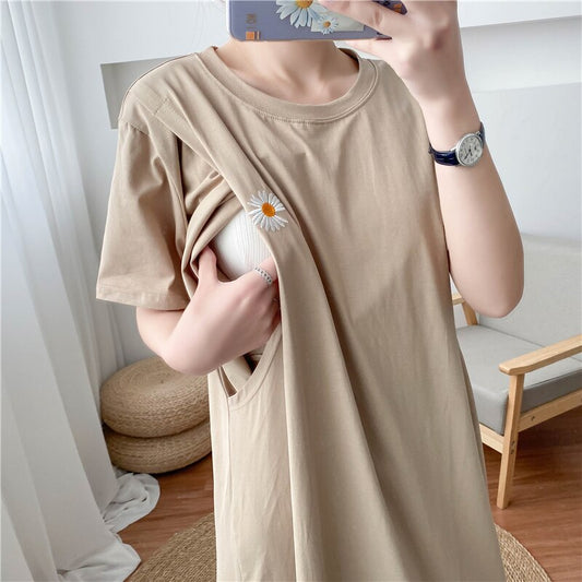 Small Daisy Embroidery Simple Breastfeeding Dress