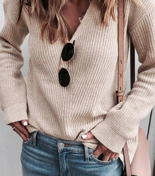 Women's Long Sleeve Solid V-Neck Knitted Sweater