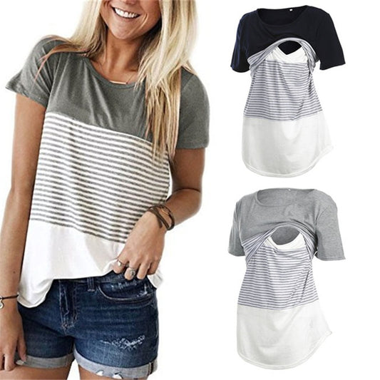Women's Maternity Breastfeeding Nursing Top Striped Short Sleeve Tee