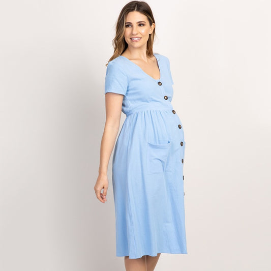 Button Pocket Maternity Dress for Pregnant Women