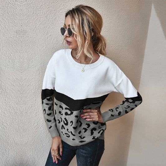 Leopard-Print Knitted Sweater for Women O-Neck Full Sleeve Pullover