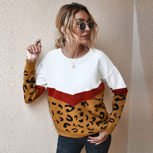 Leopard-Print Knitted Sweater for Women O-Neck Full Sleeve Pullover