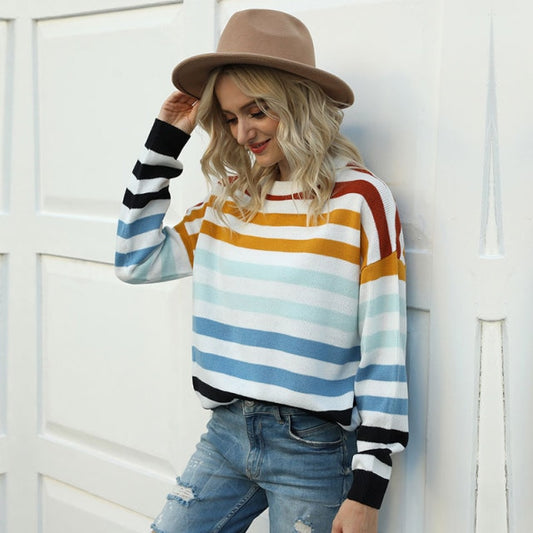 Women's O-Neck 2021 New Knitted Striped Pullover Sweater