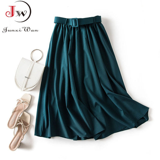 Casual Elegant Women Skirt Solid High Waist Belt A-Line Vintage