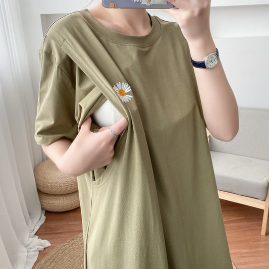 Small Daisy Embroidery Simple Breastfeeding Dress