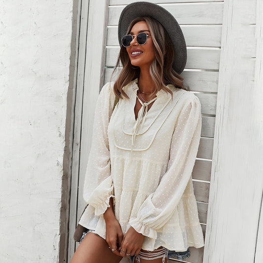 Fall New Women's Elegnt V Neck Lace Up Petal Sleeved Solid Color Oversized Top