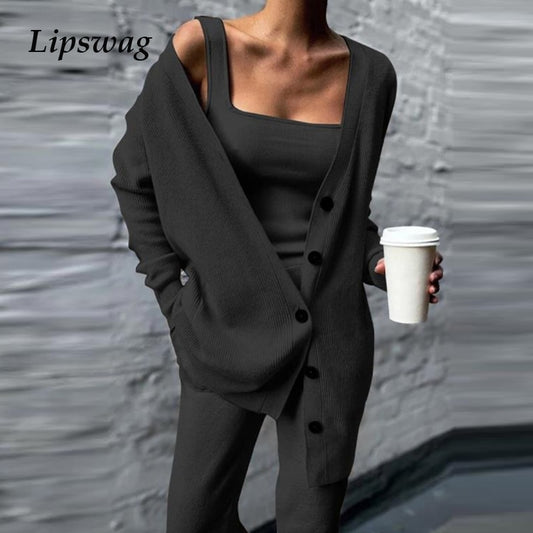 Women's Three Piece Set Winter Knitted Solid Cardigan