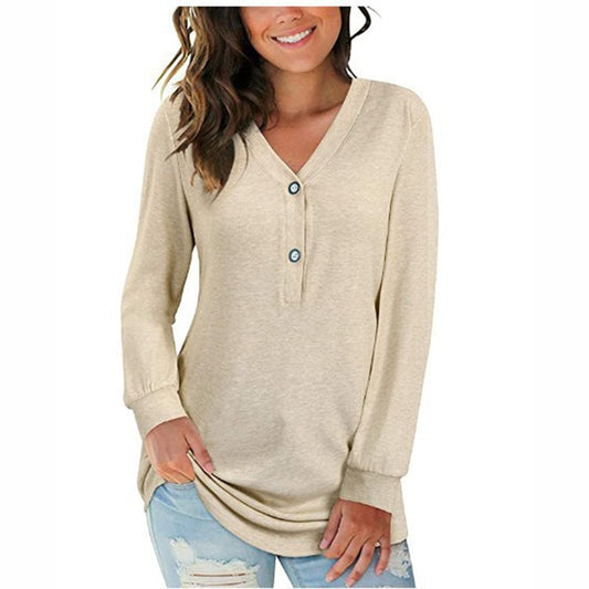 Solid Basic Button V-Neck Long Sleeve Blouse for Women
