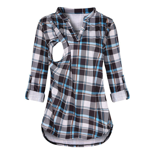 Maternity Tops Long Sleeve Plaid Print Blouse (Breastfeeding Option)