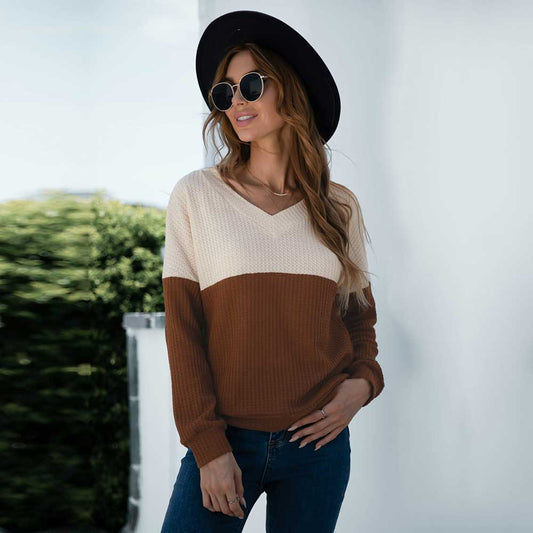 Autumn Women's Patchwork Colored Slim Knitted Sweater