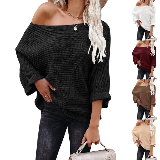 Solid Batwing Sleeve Vintage Sweater - Knitted Slashed Neckline (various colors)